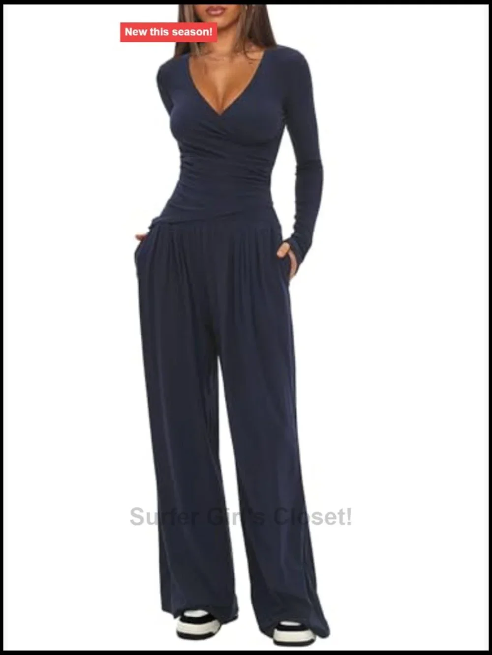 Women's 2 Piece Lounge Sets Fall Outfits V Neck Shirt Wide Leg Pants Matching